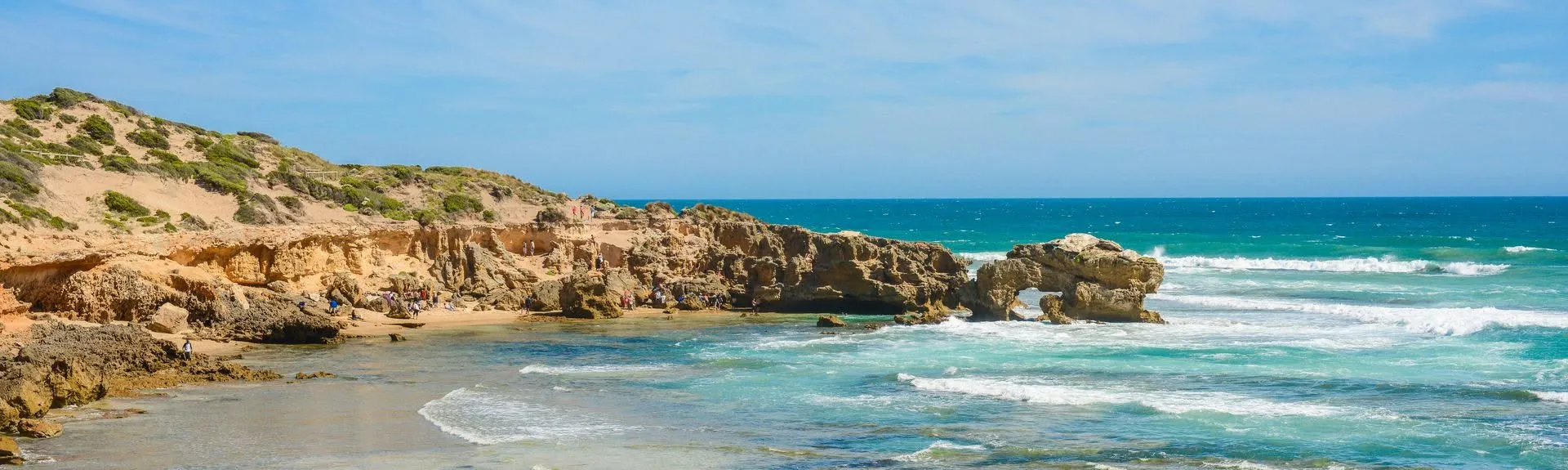 Panoramic view of the Mornington Peninsula coastline from Blairgowrie, turquoise water and limestone cliffs stretching into the distance
